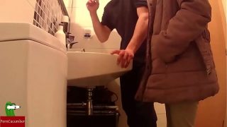 Young couple touching each other in the bathroom with happy fucking